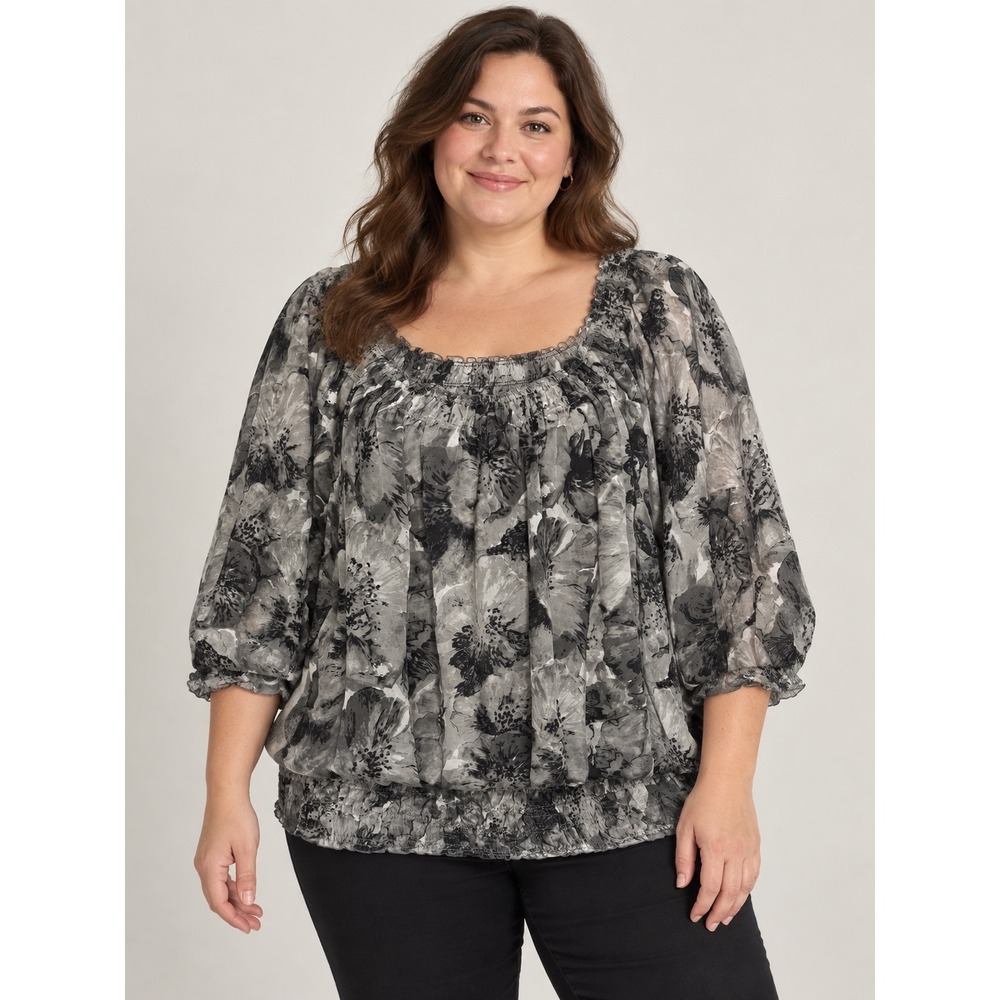 Covington Woman Floral Blouse Gray Black Square Neck Smocked Hem 16-18W